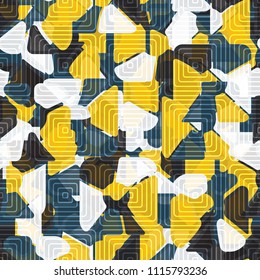 Abstract seamless pattern. At the base of the texture lie the punched squares broken into multi-colored pieces. Camouflage. A network of rounded concentric squares is superimposed on the picture.