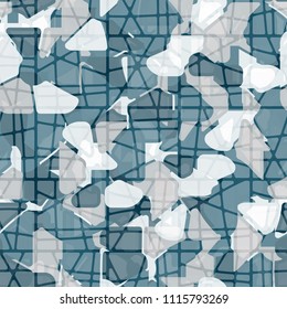 Abstract seamless pattern. At the base of the texture lie the punched squares broken into multi-colored pieces. Camouflage. The picture is overlaid with translucent rectangles that are made of pieces.