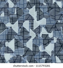 Abstract seamless pattern. At the base of the texture lie the punched squares broken into multi-colored pieces. Camouflage. The picture is overlaid with translucent rectangles that are made of pieces.