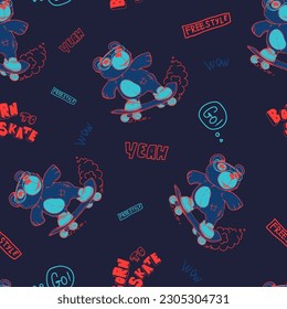 Abstract seamless pattern with bear on skateboard, graffiti text Activity, fast, yeah, freestyle. Lettering repeat print for sport textile, boy clothes, wrapping paper. Cover teenager print