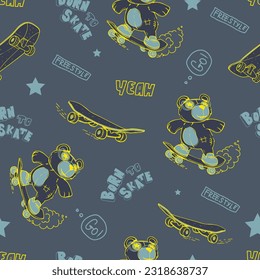 Abstract seamless pattern with bear on skate. Teenager bear urban style. Cartoon animal character. Cover print for kid textile. Teenager bears with skate board, text in street art style.