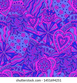 Abstract seamless pattern of beautiful neon painted doodle hearts