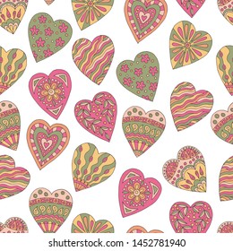 Abstract seamless pattern of beautiful painted doodle hearts on white background