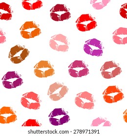Abstract seamless pattern with beautiful red, purple, brown and beige color print of women lips. beauty lipstick female lips kiss prints on paper. vector art image illustration, isolated on background