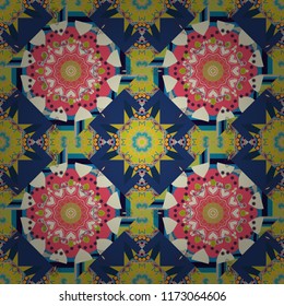 Abstract seamless pattern in beige, blue and pink colors. Vector illustration. Ideal for printing on fabric or paper. Square scraps in oriental style.