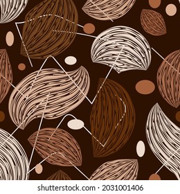 abstract seamless pattern in beige brown tones. striped art forms and white broken lines are randomly arranged on a black background. vector 