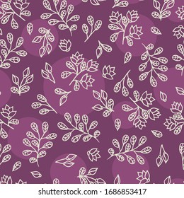 Abstract seamless pattern with beige contours of beautiful flowers on a maroon background, for the design of covers, packaging, print on textiles, wallpaper, fabric