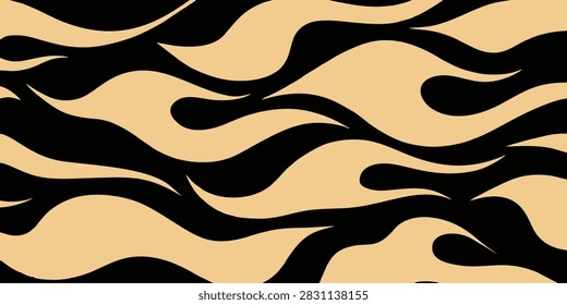 Abstract seamless pattern of beige flame graphics on a black background, hot rod style flame decal design for vector background or print.