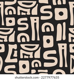Abstract seamless pattern with beige organic cut out  shapes on a black background. Trendy vector collage.