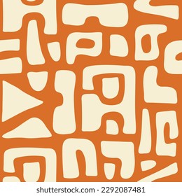 Abstraktes, nahtloses Muster mit beigen, organischen Schnittformen auf orangefarbenem Hintergrund. Trendy Vektor Collage.