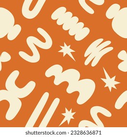 Abstract seamless pattern with beige organic cartoon shapes on a orange background. Trendy random shapes. Vector illustration