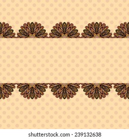 Abstract seamless pattern with beige polka dot background and stripe for text with floral frame