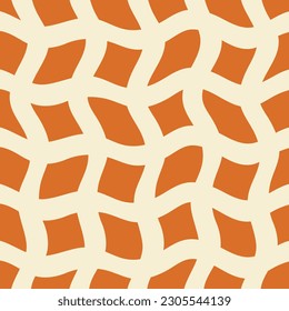Abstract seamless pattern with beige wavy grid on a orange  background. Contemporary collage background. Vector retro illustration