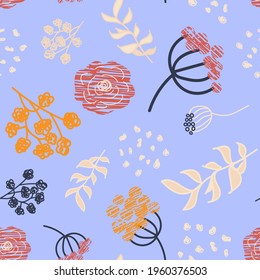 Abstract seamless pattern with berries, branches and flowers. Vector  blue background. Perfect for printing on the fabric, design package and cover. Baby print