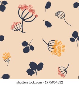 Abstract seamless pattern with berries, branches and leaves. Vector  beige background. Perfect for printing on the fabric, design package and cover. Baby print