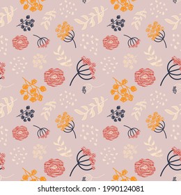 Abstract seamless pattern with berries, branches and flowers. Vector  beige background. Perfect for printing on the fabric, design package and cover. Baby print