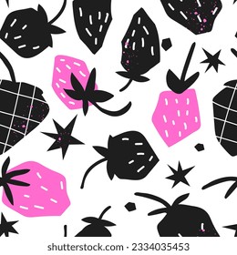 Abstract seamless pattern with berries. Emo ornament with strawberries for fabric or paper packaging