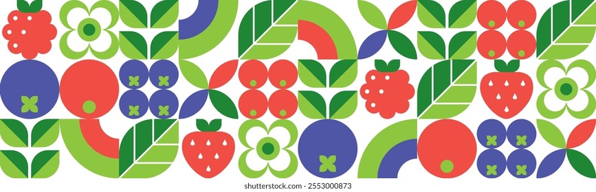 Abstractas patrón sin fisuras con bayas, flores y hojas.Fresas, frambuesas, arándanos y arándanos.Conjunto de Elementos geométricos modernos.Iconos simples en estilo plano.Ilustración vectorial.