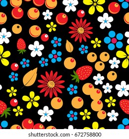 Abstract seamless pattern with berries, leaves and flowers on the black background. Vector illustration