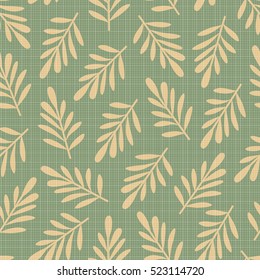 Abstract seamless pattern with big beige leaves on green background and transparent texture from a lot of squares