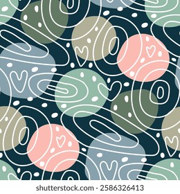 Abstract seamless pattern with big circles. Hand drawn rounded geometric shapes look like space planets. Repeating print of spots for texture, wallpaper, cover, fabric, textile. Hand drawn Polka dots.