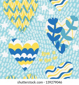 Abstract seamless pattern with big hearts and flowers. Romantic background. Vector illustration