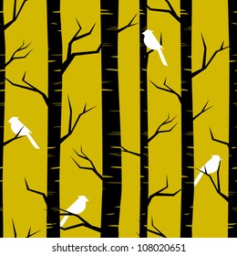 Abstract seamless pattern with birches and birds.