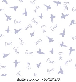 Abstract seamless pattern with birds and sign Love. Lilac vector seamless pattern.