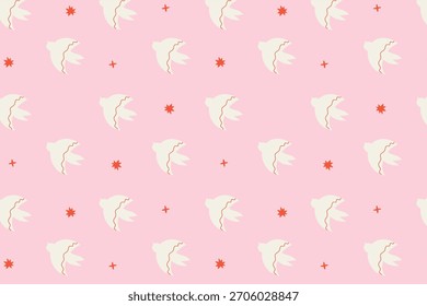 Abstractas patrón sin fisuras con pájaros, estrellas. Impresión moderna con Elementos y Formas de geometría, pájaros dibujados a mano volando en el cielo, fondo groovy. Vector textura estilo de arte ingenuo.