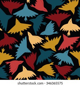 Abstract seamless pattern with birds. Vector colorful texture can be used for wallpaper, pattern fills, web page background, print on fabric or wrapping paper. Isolated on a black background