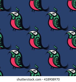 Abstract seamless pattern with birds. Vector line art.