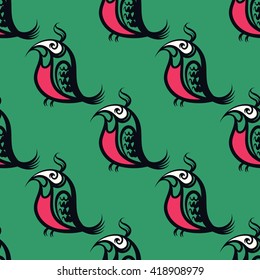 Abstract seamless pattern with birds. Vector line art.