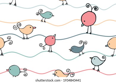 abstract seamless pattern with birds and waves on white background, multicolored repeating patterns of imitation of the sea or sky, vector cute birds characters