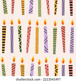 Abstraktes, nahtloses Muster von Geburtstagskuchen mit Linien und Punkten auf pastellfarbenem Hintergrund. Vektorgrafik für Grußkartenhintergrund, festes Verpackungspapier für Geschenke und Geschenke