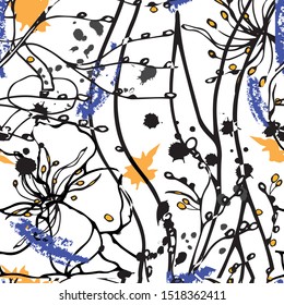Abstract seamless pattern of black blots and lines. A messy pattern on a white background. Endless ornament for wallpaper of fabric, tile, paper.
