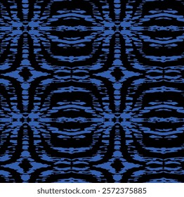 "Abstract seamless pattern in black and blue with bold, organic shapes, creating a modern and edgy design for fabrics, wallpapers, and digital art projects.