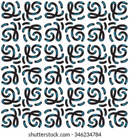 Abstract seamless pattern with black and blue curves on white background.