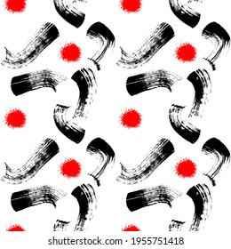 Abstract seamless pattern with black brush strokes and red circle splashes isolated on white background. Japanese style vector wallpaper. Ink grunge texture. 