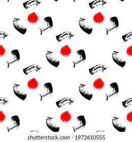 Abstract seamless pattern with black brush strokes and red circle in the middle isolated on white background. Japanese style vector wallpaper. 