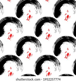 Abstract seamless pattern with black circle brush strokes and fake hieroglyph-like ornament isolated on white background. Ink grunge texture. Japanese style vector wallpaper.	