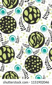 Abstract seamless pattern with black circles, green dots, leaves and triangles on white background. Hand vector illustration.