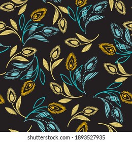 Abstract Seamless Pattern in Black Color Background with Yellow and Green Floral Vector Graphic for Decoration and Apparel Design