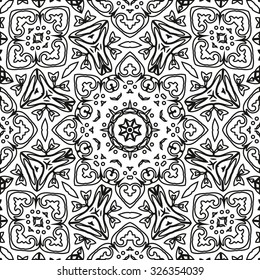 Abstract Seamless Pattern, Black Contours Isolated on White Background. Vector