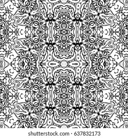 Abstract Seamless Pattern, Black Contours Isolated on White Background. Vector
