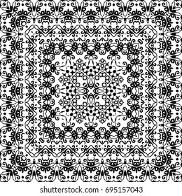 Abstract Seamless Pattern, Black Contours Isolated on White Background. Vector