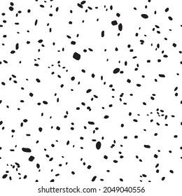 Abstract seamless pattern with black dots, speckles on white background. Ink splash spots splatter spray vector texture. Simple cute design for fabric print, wallpaper, gift wrap, cards, backgrounds.