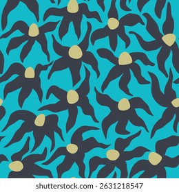 Abstract seamless pattern with black flowers on blue background, could be used as texture, card, print. wallpaper 