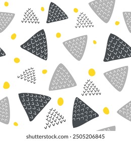 Abstract seamless pattern with black, grey and yellow triangles on white background. Modern geometric design. Perfect for textile, wallpaper, packaging, and more.