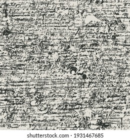 Abstract seamless pattern with black handwritten scribbles and blotches, imitation of script on an old paper background. Repetitive vector illustration, suitable for wallpaper, wrapping paper, fabric