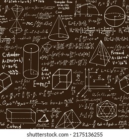 Abstract seamless pattern with black handwritten text mathematical formulas and equations and geometrical figures. Vector repeating background in style from the diary of a scientist